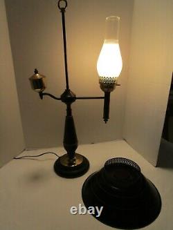 Vintage Metal Toleware Faux Oil Electric lamp Black & gold Shade & chimney 28 H