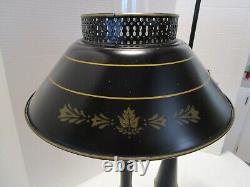 Vintage Metal Toleware Faux Oil Electric lamp Black & gold Shade & chimney 28 H