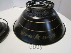 Vintage Metal Toleware Faux Oil Electric lamp Black & gold Shade & chimney 28 H