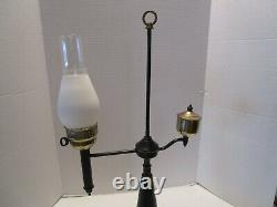 Vintage Metal Toleware Faux Oil Electric lamp Black & gold Shade & chimney 28 H