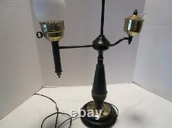 Vintage Metal Toleware Faux Oil Electric lamp Black & gold Shade & chimney 28 H