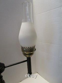 Vintage Metal Toleware Faux Oil Electric lamp Black & gold Shade & chimney 28 H