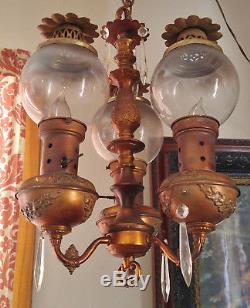 Vintage Mid Century 3 Light Oil Lamp Look Chandelier withGlass Globes & Prisms