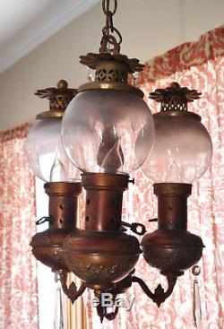 Vintage Mid Century 3 Light Oil Lamp Look Chandelier withGlass Globes & Prisms
