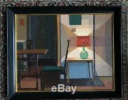 Vintage Oil Painting Interior Scene Mid Century Modern Room Apt. Lamp Desk Framed