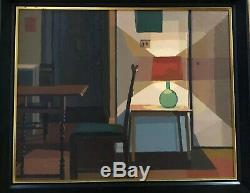 Vintage Oil Painting Interior Scene Mid Century Modern Room Apt. Lamp Desk Framed