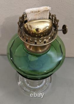 Vintage Riverside Clear & Green Panel Kerosene Glass Oil Lamp