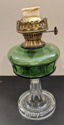 Vintage Riverside Clear & Green Panel Kerosene Glass Oil Lamp