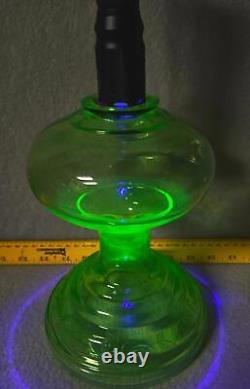 Vintage Uranium Glass Large Oil Lamp Pressed WithWedding Scroll 19P&A