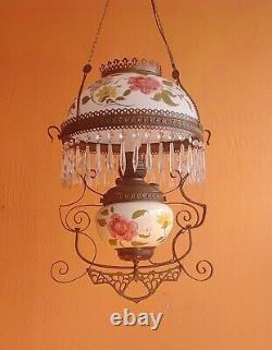 Vintage Victorian Hanging Glass & Brass Parlor Lamp Hand painted Roses w prisms