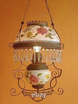 Vintage Victorian Hanging Glass & Brass Parlor Lamp Hand painted Roses w prisms