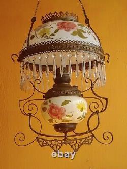 Vintage Victorian Hanging Glass & Brass Parlor Lamp Hand painted Roses w prisms