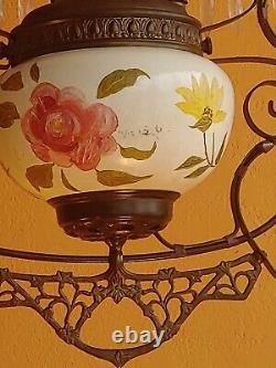 Vintage Victorian Hanging Glass & Brass Parlor Lamp Hand painted Roses w prisms