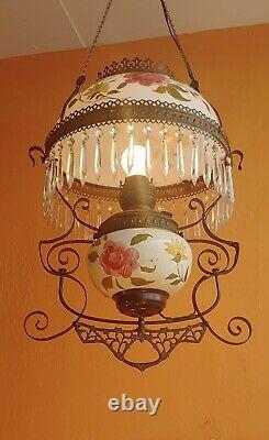 Vintage Victorian Hanging Glass & Brass Parlor Lamp Hand painted Roses w prisms