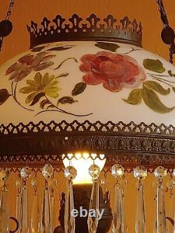 Vintage Victorian Hanging Glass & Brass Parlor Lamp Hand painted Roses w prisms