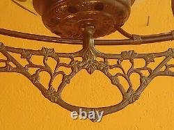 Vintage Victorian Hanging Glass & Brass Parlor Lamp Hand painted Roses w prisms