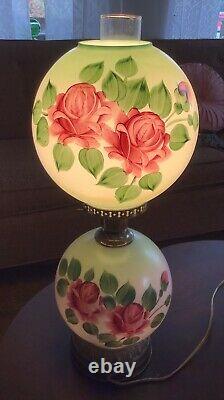Vintage antique Roses Round Globe Hurricane oil Lamp Green GWTW 3 Way Light