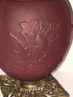 Vtg Aladdin HUGE GWTW Ruby Satin Glass Victorian Antique Oil Lamp Parlor Banquet