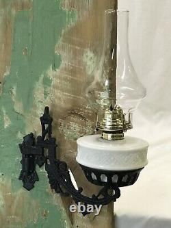 Vtg Antique Victorian Wall Sconce Oil Lamp Cast Iron Milk Glass ArtDeco Eastlake