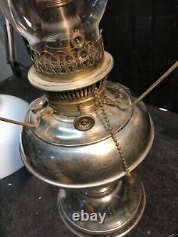 Vtg Brass Electrified Oil Lamp with glass Chimney & Milk Glass Shade Beautiful