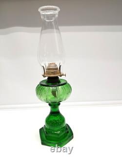 Vtg. EAPG Emerald Green Oil Lamp Original Blown Glass Rope & Bubble Berry Design