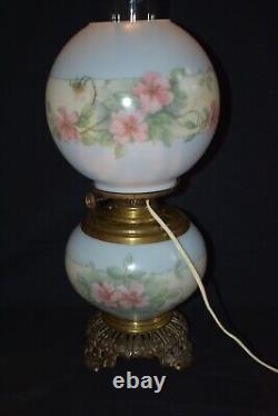 Vtg Edward Miller E. M & Co Solar H. Painted Blue Floral Gwtw Parlor Lamp 16 1/2