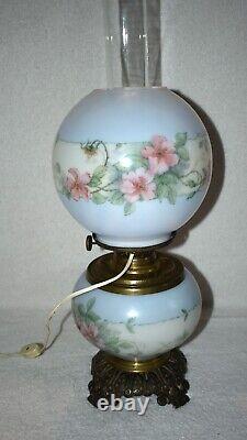 Vtg Edward Miller E. M & Co Solar H. Painted Blue Floral Gwtw Parlor Lamp 16 1/2