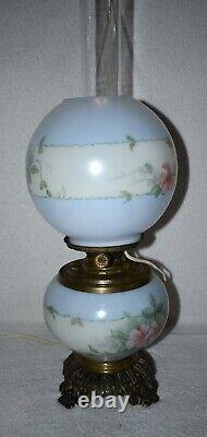 Vtg Edward Miller E. M & Co Solar H. Painted Blue Floral Gwtw Parlor Lamp 16 1/2