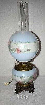 Vtg Edward Miller E. M & Co Solar H. Painted Blue Floral Gwtw Parlor Lamp 16 1/2