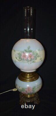 Vtg Edward Miller E. M & Co Solar H. Painted Blue Floral Gwtw Parlor Lamp 16 1/2