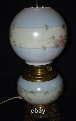 Vtg Edward Miller E. M & Co Solar H. Painted Blue Floral Gwtw Parlor Lamp 16 1/2