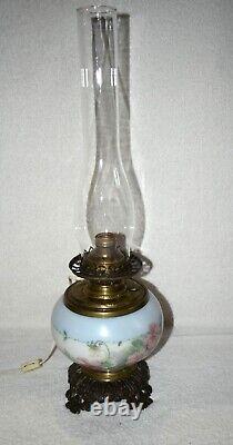 Vtg Edward Miller E. M & Co Solar H. Painted Blue Floral Gwtw Parlor Lamp 16 1/2