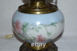 Vtg Edward Miller E. M & Co Solar H. Painted Blue Floral Gwtw Parlor Lamp 16 1/2