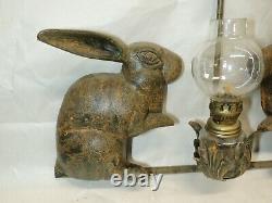 Vtg Petites Choses 2 RABBITS Cast Iron Hanging OIL LAMP HOLDER Candle Sconce