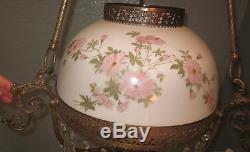 Vtg Victorian Style John Scott Hanging Library Oil Lamp with Rose Shade, Prisms