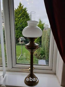 Vtg victorian brass doule oil burner lamp, tall column base 28white shade