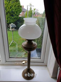 Vtg victorian brass doule oil burner lamp, tall column base 28white shade