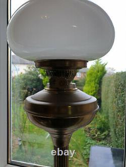 Vtg victorian brass doule oil burner lamp, tall column base 28white shade