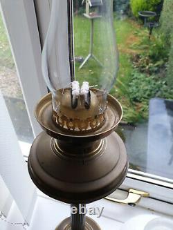 Vtg victorian brass doule oil burner lamp, tall column base 28white shade