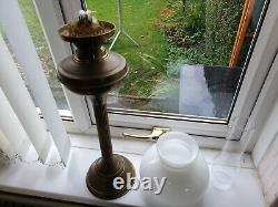 Vtg victorian brass doule oil burner lamp, tall column base 28white shade