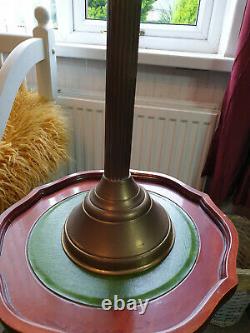 Vtg victorian brass doule oil burner lamp, tall column base 28white shade