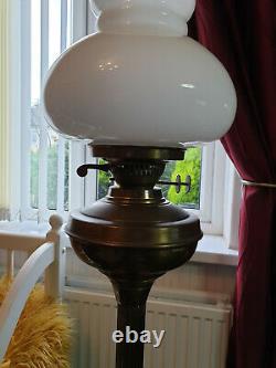 Vtg victorian brass doule oil burner lamp, tall column base 28white shade