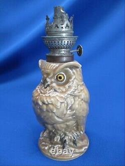 WILLIAM WHITELEY CHINA MADE IN FRANCE FIGURAL ANTIQUE OWL OIL LAMP WithGLASS EYES