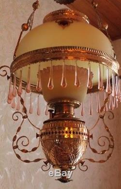WOW RARE Victorian Ansonia Hanging Kerosene Oil Lamp Parlor or Library c1865