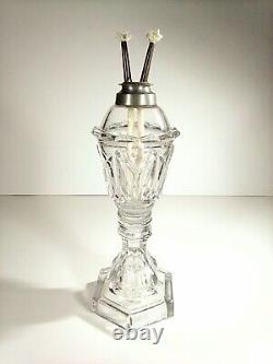 Whale Oil Or Fluid Lamp Clear Pressed Glass With Two Wick Burner Mid 1800's