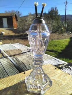 Whale Oil Or Fluid Lamp Clear Pressed Glass With Two Wick Burner Mid 1800's