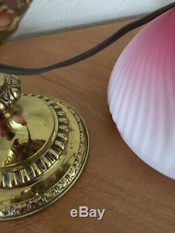 Wild & Wessel Antique Harvard Student Brass Oil Lamp with RARE ROSE Shade
