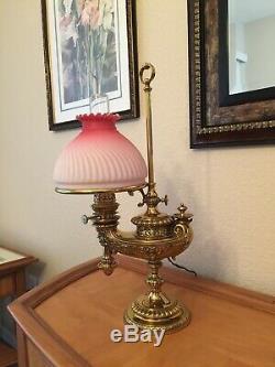 Wild & Wessel Antique Harvard Student Brass Oil Lamp with RARE ROSE Shade