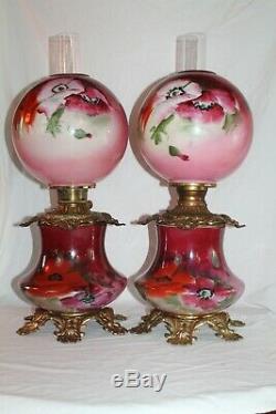 Wonderful Hand Painted PAIR of Gone with the Wind Oil Lamps