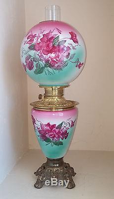 XLNT Antique Fostoria Hand Painted Turquoise & Fuchsia Floral GWTW Oil Lamp